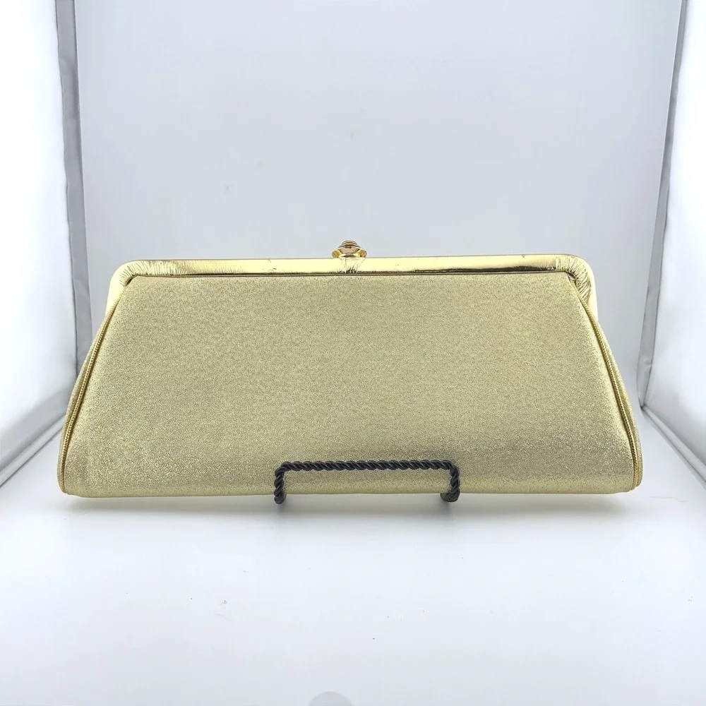 Vintage Gold Shimmer Evening Clutch Bag Kiss Lock Formal Metallic Wedding Bag‎